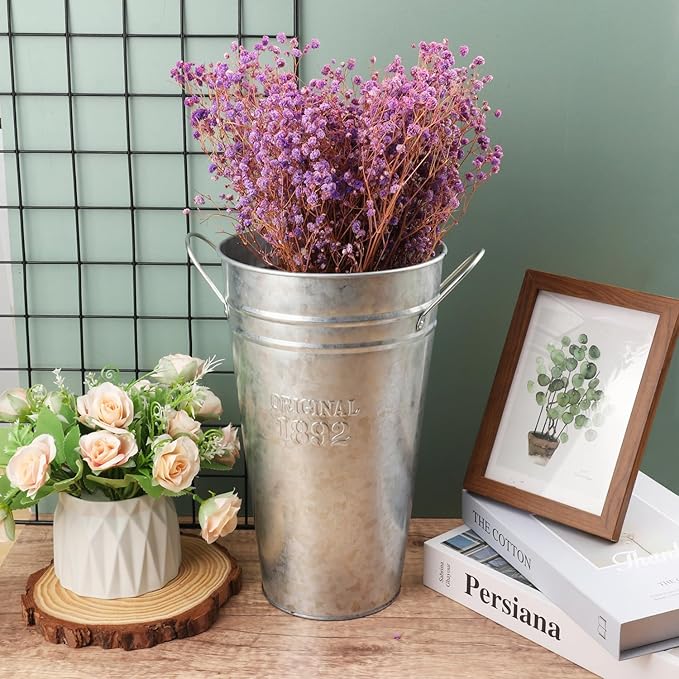 3 Packs 12 Inch Tall Galvanized Metal Flower Vases with Handles, Metal Flower Buckets for Cut Flowers, Country Wedding, Table Centerpiece Decorations(Sliver)