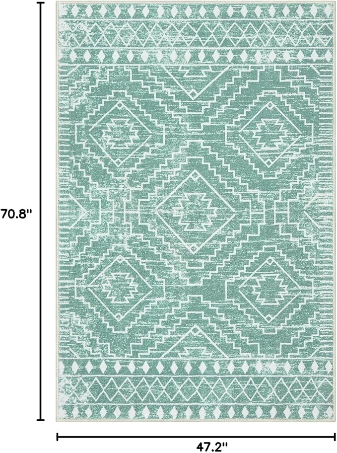 Wonnitar Moroccan Area Rugs 4x6, Sage Green Boho Rug for Bedroom, Washable Ultra-Thin Living Room Throw Mat, Farmhouse Geometric Soft Print Carpet for Nursery Bathroom Kitchen (Mint Green,4'x6')