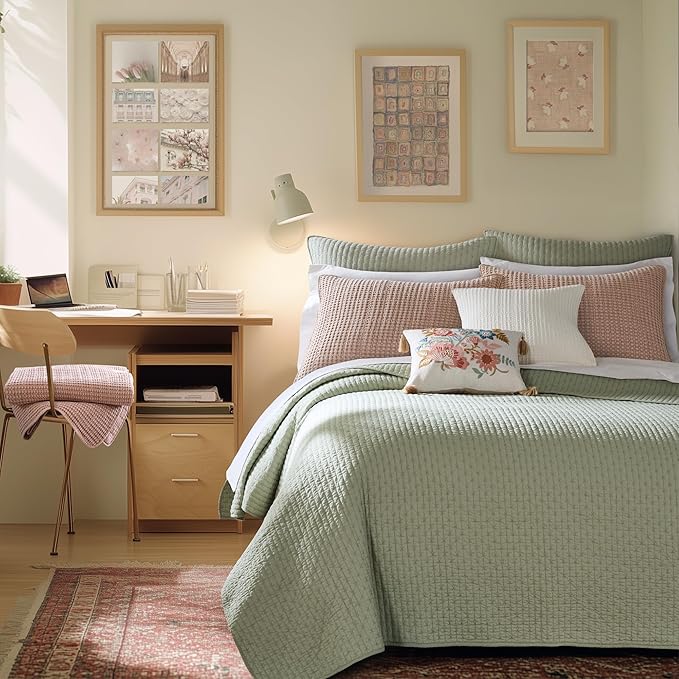 Levtex Home Cross Stitch Reversible King/Cal King Quilt Set (106x92in) and 2 Pillow Shams (36x20in) - Stitch Texture - Desert Sage - Cotton King Size Quilt Bedding Set - Lightweight Soft Pre-Washed