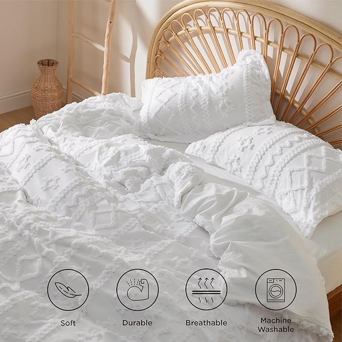 Bedsure Boho Duvet Cover King Size, Soft & Comfortable Elegant Design Boho Bedding for Decoration, Machine Washable Comforter Cover for All Seasons,Includes 1 Duvet Cover & 2 Pillow Shams,White