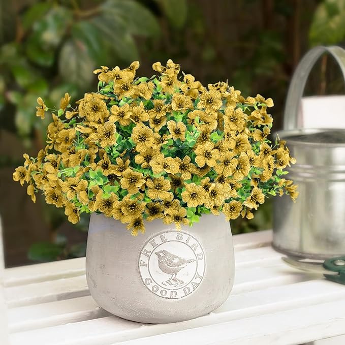 Artificial Flowers Outdoor Faux Plants UV Resistant Fake Patio Flowers Plastic Greenery Plnats Outside Bulk for Spring Garden Hanging Planter Home Vase Decor, 12 Bundles (Yellow)