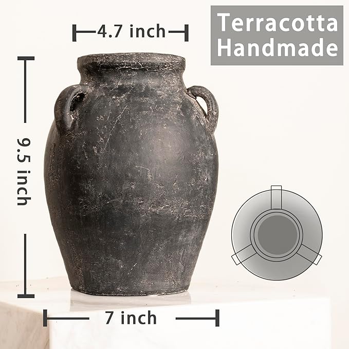 Terracotta Vase with 3 Ear | Handmade Black Ceramic Pottery 9.5'' Tall | Large Distressed Unique Vintage Vase | Rustic Farmhouse Pottery for Flowers | Textured | Wide Mouth | Centerpieces.