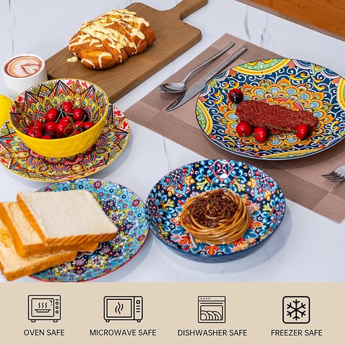 Plates and Bowls Set, Service for 4, 16 Pieces Ceramic Dinnerware Set, Microwave and Dishwasher Safe, Scratch Resistant, Bohemian Style Plates Set for Salad, Pasta, Dessert, Appetier