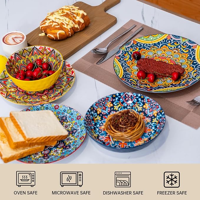 24 Pieces Dinnerware Sets, Ceramic Plates and Bowls Set, Microwave and Dishwasher Safe, Scratch Resistant, Bohemian Style Dishware Set, Service for 6