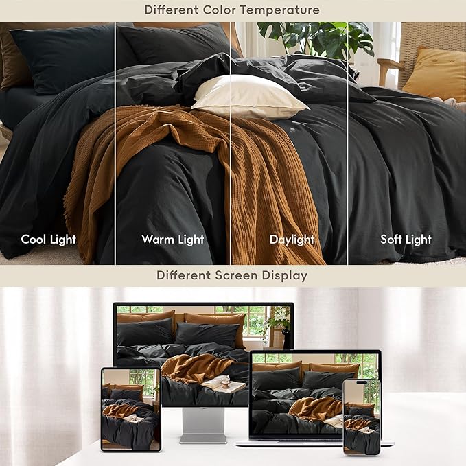 MooMee Bedding Duvet Cover Set 100% Washed Cotton Linen Like Textured Breathable Durable Soft Comfy (Solid Black, Palatial King/Oversized King 120"x98")