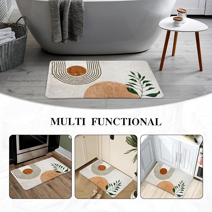 APROPHIC 17''x24 Boho Bath Rugs for Bathroom Decor Non-Slip Bath Mat Absorbent Plush Microfiber Soft Carpet Machine Washable Bath Mat for Bathrooms,Showers,Laundry Rooms,White and Green