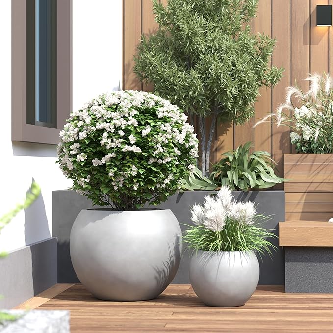 DTY Signature Mount Sherman Modern Indoor Outdoor Fiberstone Sphere Planter, Durable Round Garden Pot, Weather Resistant, Drainage Hole & Rubber Plug, Planter for Christmas Tree - Large, Gray