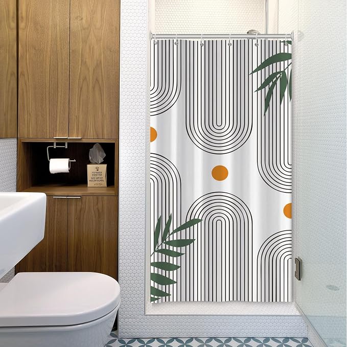 Boho Mid Century Shower Curtain Bohemian Minimalist Geometric Arch Sun Bathroom Curtain Sage Green Plant Polyester Shower Curtain Sets for Bathroom Extra Long 54x72 in with 10 Hooks