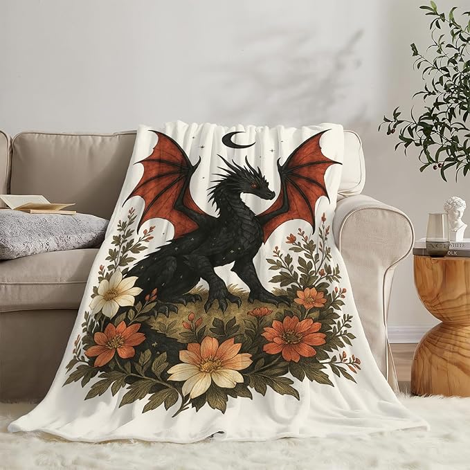 Black Dragon Blanket Floral Dragon Throw Blanket Soft Cozy Fleece Fuzzy Stuffed Plush Flannel Gifts for Girls Women Boys Kids Adults 60"X80"