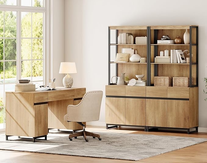 WAMPAT 59" Modern Executive Desk with Drawers, Home Office Computer Desk with Charging Station, File Drawer, Storage Cabinet, Wood Writing Desk for Work and Study, Oak