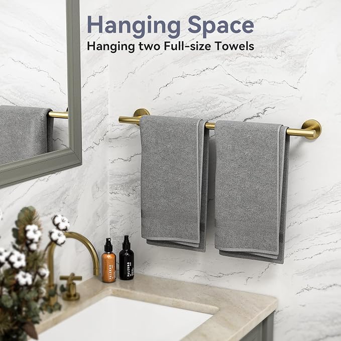 Gold Bathroom Accessories 5 Piece, 18 Inch Bath Hardware, Wall Mounted Brushed Gold Towel Rack, Durable SUS304 Stainless Steel Towel Bar Set