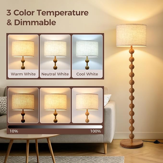 62" Vintage Farmhouse Floor Lamp for Living Room,3 Color Temperatures & Dimmable,Rustic Standing Lamp with Remote & Foot Switch,Retro Wood Grain Tall Floor Lamp for Bedroom Office Corner(Natural Wood)