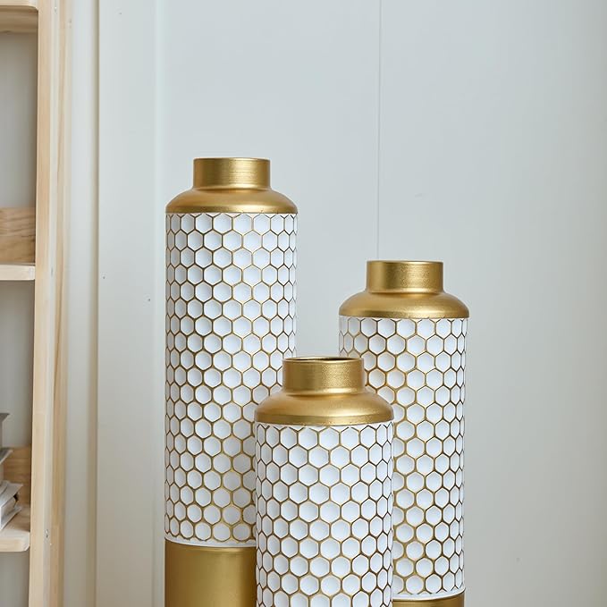 Metal Floor Vases Decorative, Set of 3 Flower Arrangement Stand, Gold＆White Hexagon Metal Floor Vases for Living Room, Bedroom & Entryway, 32.6", 28.34", 24" H (Gold＆White Hexagon)