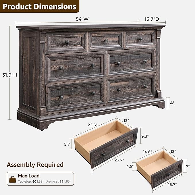 T4TREAM Farmhouse 7 Drawers Dresser for Bedroom, 54" Wide Wood Rustic Chest of Drawers w/Roman Column, Wooden Storage Dressers Organizer for Bedroom, Living Room, Closet, Dark Rustic Oak