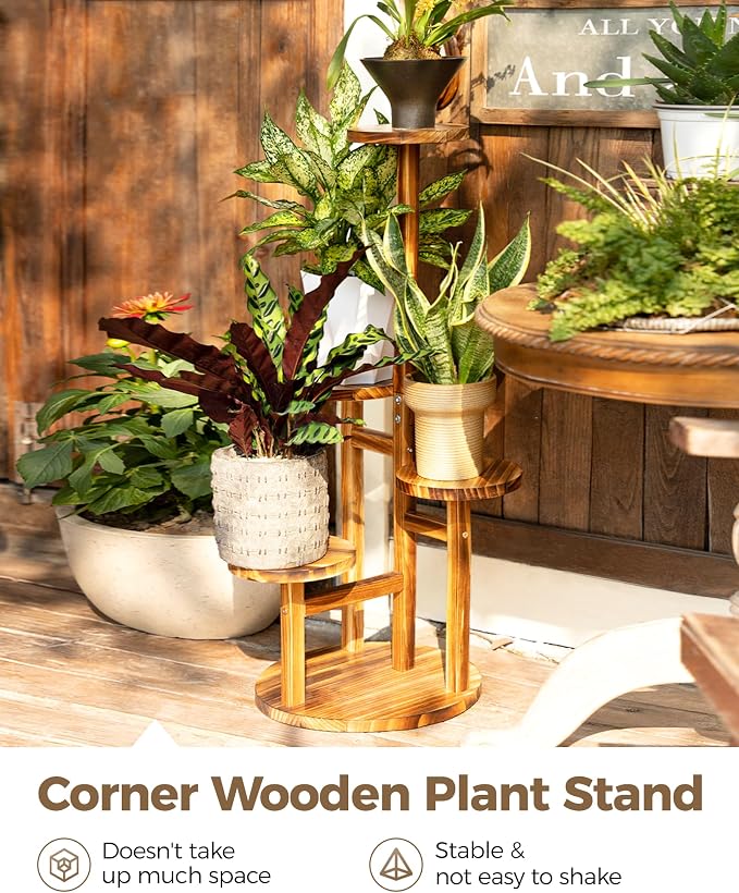 Bamworld Plant Stand Indoor Plant Shelf 4 Tier Wood Plant Stand for Multiple Plants, Tall Corner Plant Stands for Outdoor Round Flower Stand Plant Holder for Living Room Patio Garden Balcony