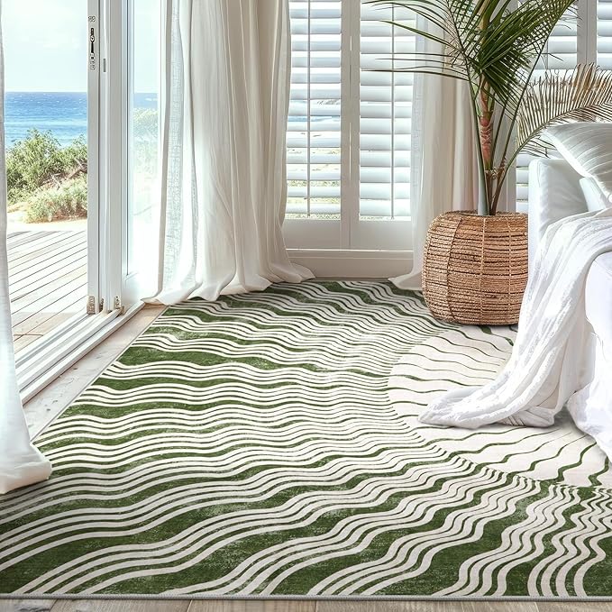 Hedlive Boho Washable Rugs 5x7, Sun Print Soft Green Rug for Bedroom Ultra-Thin Nursery Rug Non Slip, Stain Resistant Living Room Carpet for Dining Room Classroom(5'x 7',Green/Multi)