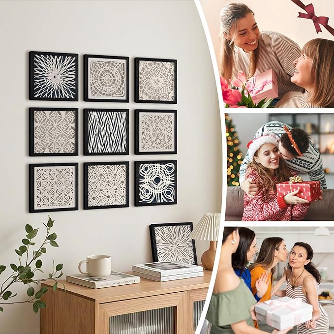 FOLKOR Framed Wall Art for Modern Home Office Apartment, 12" 3D Geometric Black and White Artwork, Natural Paper Abstract Starburst Shadow Box Wall Accent for Living Room Bedroom Classroom