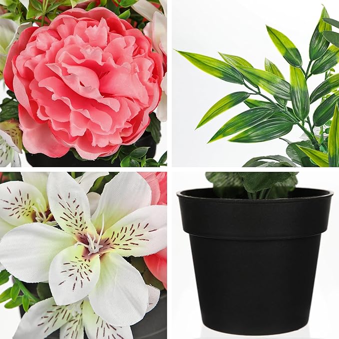Hot Pink Artificial Flowers Small Fake Flowers in Vase Peonies Dahlia Tiger Lily Potted Silk Flower Arrangements Faux Plants & Flowers Home Bathroom Kitchen Table Centerpieces Desk Decor