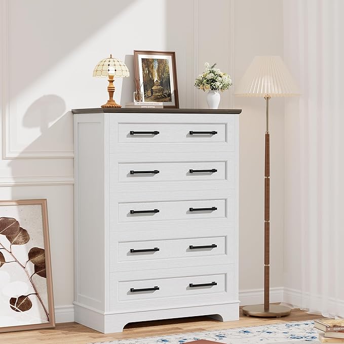 YESHOMY Tall Dresser for Bedroom,Farmhouse 5 Drawers Dresser, Chest of Drawer Chest, Multi-Tier Clothing Storage Cabinet, White and Brown