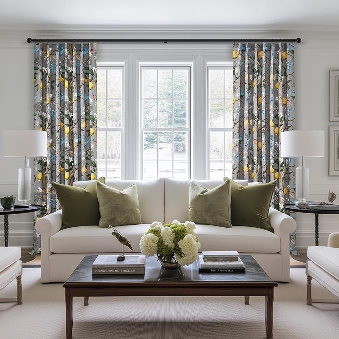 Grey Floral Curtains for Living Room Bedroom, Aesthetic Unique Rustic Pinch Pleated Drapes Cottagecore Flower Printed Modern Farmhouse Window Treatment 63 Inch Length 2 Panels