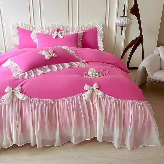 Girls Lace Bedding,Queen Comforter Cover Set, Chic Ruffled Duvet Cover with Lovely Bow,Princess Style 1 Duvet Cover with 2 Pillowcases, No Comforter-Hot Pink,Queen Size