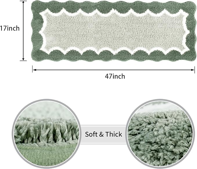 Scalloped Green Bathroom Rugs Mat,Non Slip Absorbent Quick Dry Bath Mats for Shower Room,Plush Microfiber Bath Rug for Bathroom Floor Washable Carpet for Shower Tub Sink Bedroom,17"x47"