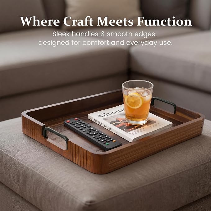 Acacia Wood Serving Tray with Metal Handles, 17x13in, Decorative Coffee Table Tray & Ottoman Tray, Anti-Slip Pads, Dark Wood Tray for Breakfast in Bed, Bar Tray, Gift Box