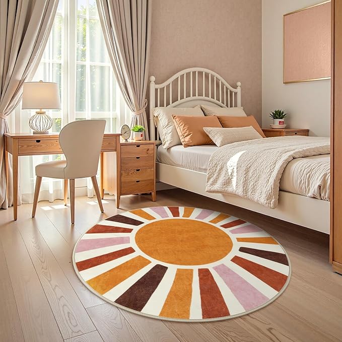 LIVEBOX Boho Nursery Rug Round 4ft Sun Rainbow Rug for Girls Bedroom, Soft Retro Colorful Circular Rugs for Kids Room, Non-Slip Circle Cute Washable Rugs for Living Room Classroom Play Room