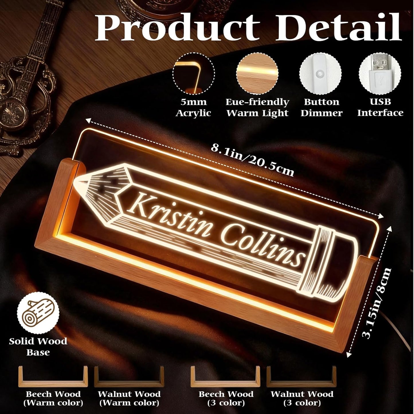 Skiennix Personalized Light Up Acrylic Desk Name Plate - Custom Walnut Base Office Gift (Pencil)