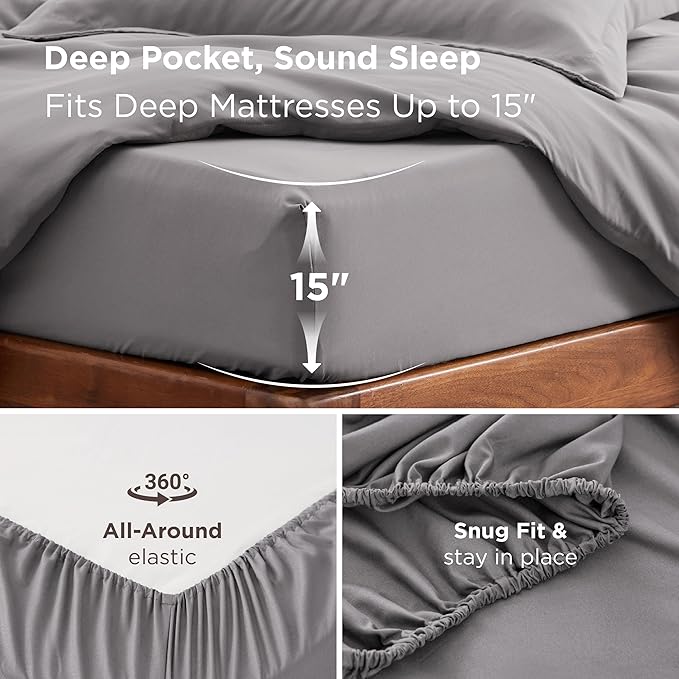 Bedsure Duvet Cover with Fitted Sheet Queen - Warm Deep Pocket, Hotel Luxury Soft Double Brushed Bedding Set with Zipper Closure, 1 Duvet Cover, 1 Fitted Sheet, 2 Pillow Shams, NO Comforter, Grey