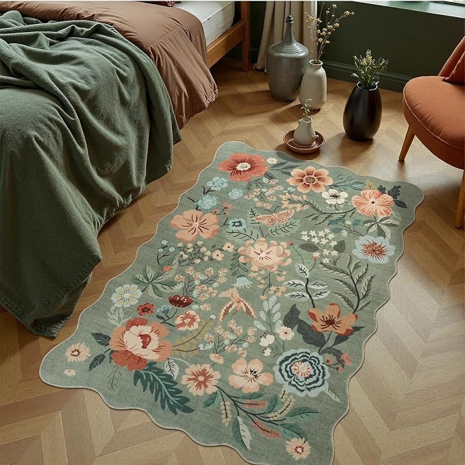 DCX Vintage Floral Rug 3x5, Washable Sage Green Rug for Living Room, Kid & Pet Friendly with Rubber Back Non Slip, Soft Low Pile Carpet, Stain Resistant Rug for Kitchen, Bedroom, Laundry, Bathroom