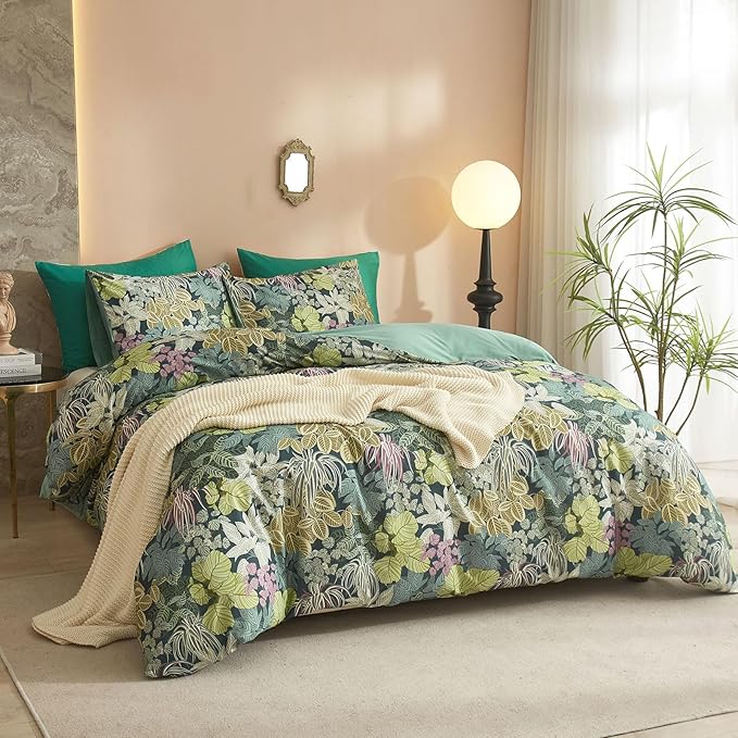 EAVD Tropical Leaves Duvet Cover Queen Soft Cotton Chic Plant Green Leaf Pattern Bedding Set with 2 Pillowcases Fresh Botanical Leaves Comforter Cover with Zipper Closure