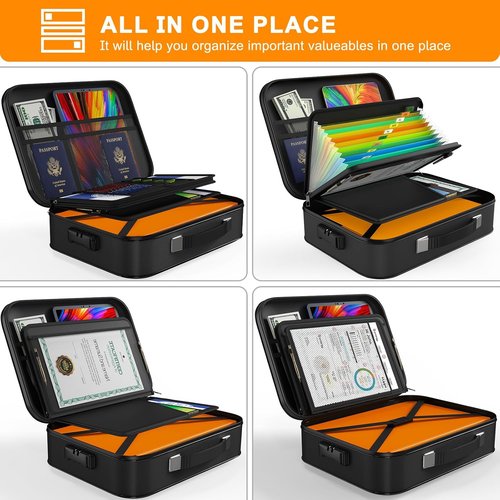 JUNDUN Fireproof Document Box - Portable Hard Case Organizer with Lock for Letter Size Files | Black