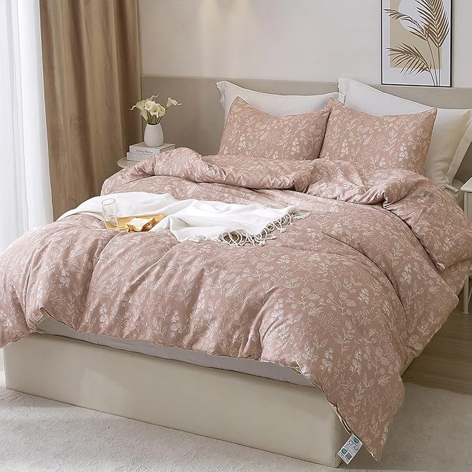 HighBuy Twin XL Duvet Cover Floral 100% Cotton Girls Aesthetic Bedding Set Botanical Flowers Comforter Cover Twin XL with 2 Pillowcases Garden Style Chic Floral Bedding Duvet Cover Set,Mauve Brown