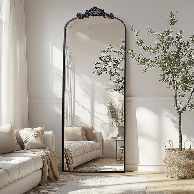 71" x 30" Black Arch Full Length Mirror, Gothic Ornate Baroque Floor Mirror with Decorative Crown, Large Arched Wall Mounted Dressing Mirror for Bedroom, Living Room, Entryway