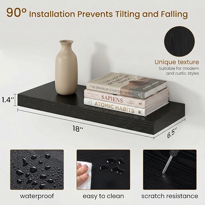 Dreamland 18" Floating Shelves, Rustic Wooden Black Wall Shelves for Bathroom|Bedroom|Kitchen, Deep Wall Mounted Book Shelf, Wood Storage Display Shelf for Home Decor, Set of 2