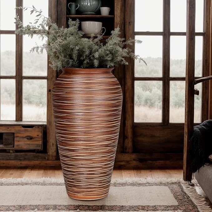 Ceramic Rustic Floor Vase,12" Large Farmhouse Flower Vases for Home Decor,Tall Boho Stain Resistant Decorative Vase for Living Room,Entryway,Office,Shelf,Centerpieces Decor (Goldenbrown)