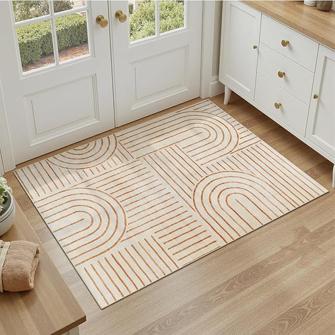 DCX Beige 2x3 Entryway Rug, Machine Washable, Soft Midcentury Modern Non Slip Stain Resistant for Kitchen Bathroom, Front Door, Throw Rugs Indoor
