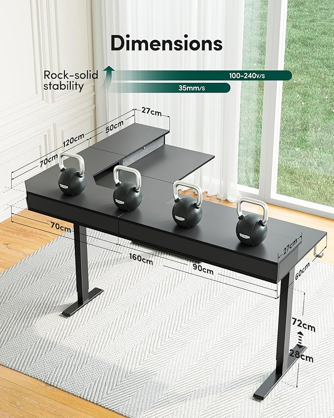 FEZIBO L Shaped Electric Standing Desk, 63 x48 inch Large with Drawers | Reversible Tabletop, 2 Memory Height Settings | Home Office & Gaming Height-Adjustable Table, Black Top/Black Frame