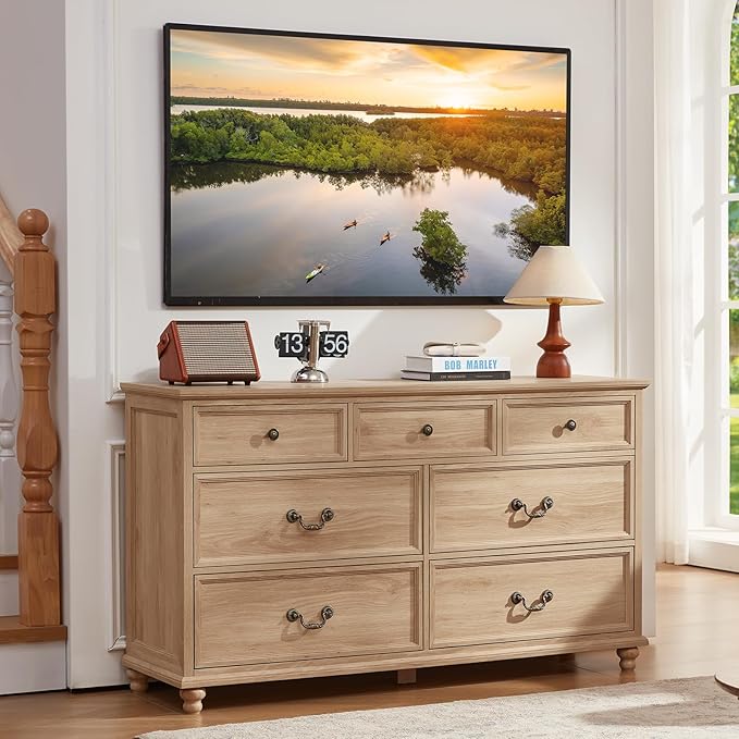 Farmhouse 54" 7 Drawers Dresser for Bedroom, Wide Chest of Drawers w/ 4 Wooden Legs, Vintage Rustic Large Closet Storage Dressers Organizer for Hallway, Wood TV Stand for Living Room, Natural