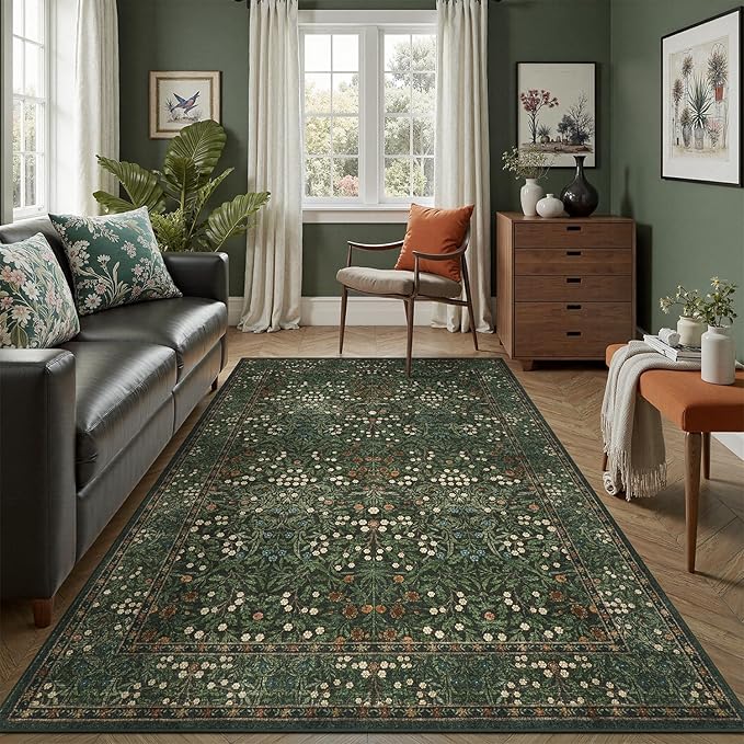 DCX Green 5x7 Area Rug, Machine Washable Non Slip Stain Resistant Soft Vintage Floral Rug, for Living Room, Bedroom, Dining Room, Soft Low Pile Large Carpet