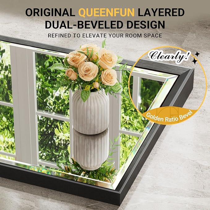 Black Framed Mirror for Bathroom, 24x32 Inch Black Rectangle Beveled Bathroom Vanity Mirror, Anti-Rust Matte Black Metal Frame Mirror for Wall, Vertical/Horizontal Wall-Mounted Mirrors