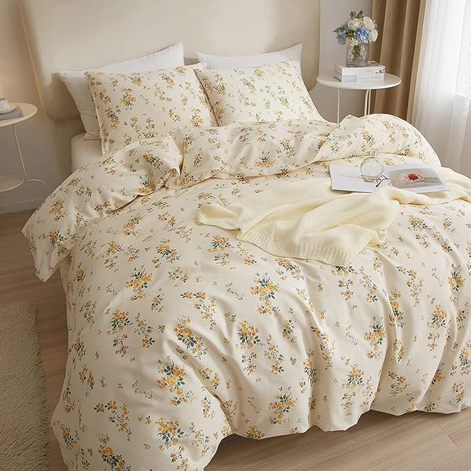 LifeTB Yellow Flower Duvet Cover Set Twin Girls Yellow Floral Duvet Cover Chic Garden Flower Bedding Sets Cotton Botanical Floral Duvet Comforter Cover 1 Twin Duvet Cover with 2 Pillow Shams
