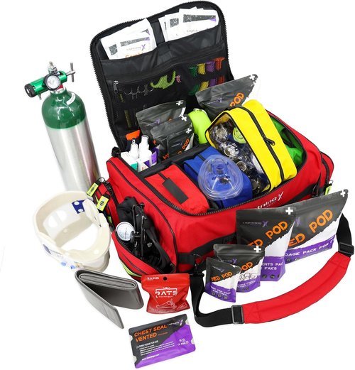 Lightning X X-Tuff Modular Oxygen Trauma Bag - Removable Organizer Pouches for EMS/EMT | Red