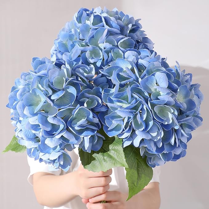 3Pcs Hydrangea Artificial Flowers, 22.44" Real Touch Latex Faux Hydrangea with Long Stems & Leaves for Home Office Decor or Wedding, Party, Centerpieces, Floral Arrangements (Blue)