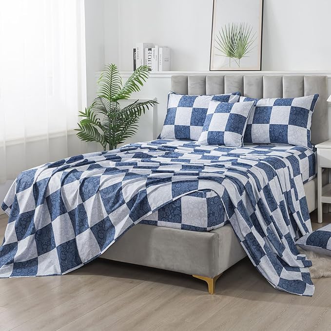 FADFAY Paisley Twin Extro Long Size Plaid Navy Blue Sheets 100% Cotton Geometric Checker Bedding Teens Grid Grey Gingham Pattern College Bedding Deep Pocket Sheets with 2 Pillowcases Ultra Soft 4pcs