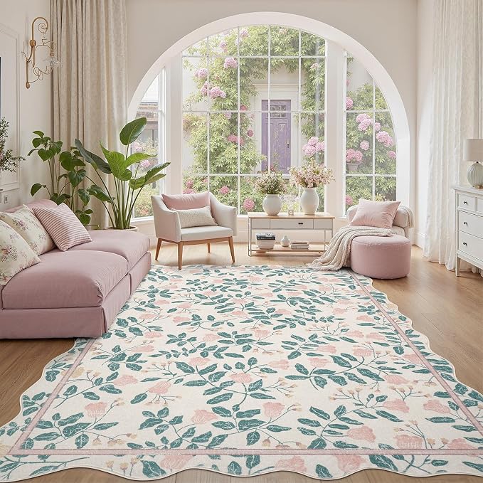 DCX Pink Botanical 5x7 Rug, Machine Washable Non Slip Stain Resistant Carpet, Kid & Pet Friendly Low Pile Floral Scalloped Rug for Living Room, Bedroom, Home Office