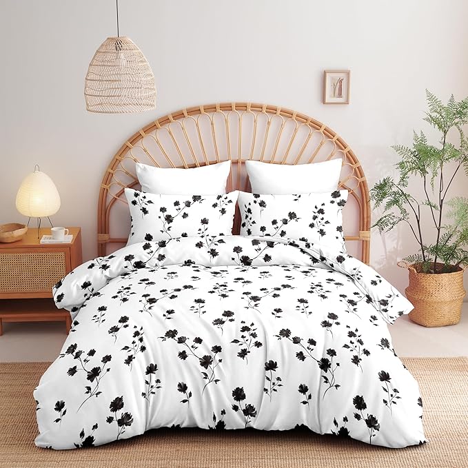 Nayoroom Black Floral Duvet Cover Queen Size Elegant French Cottagecore Bedding Set 3 Pieces Soft Lightweight Microfiber Aesthetic Bedding Set with Pillowcases, Black and White