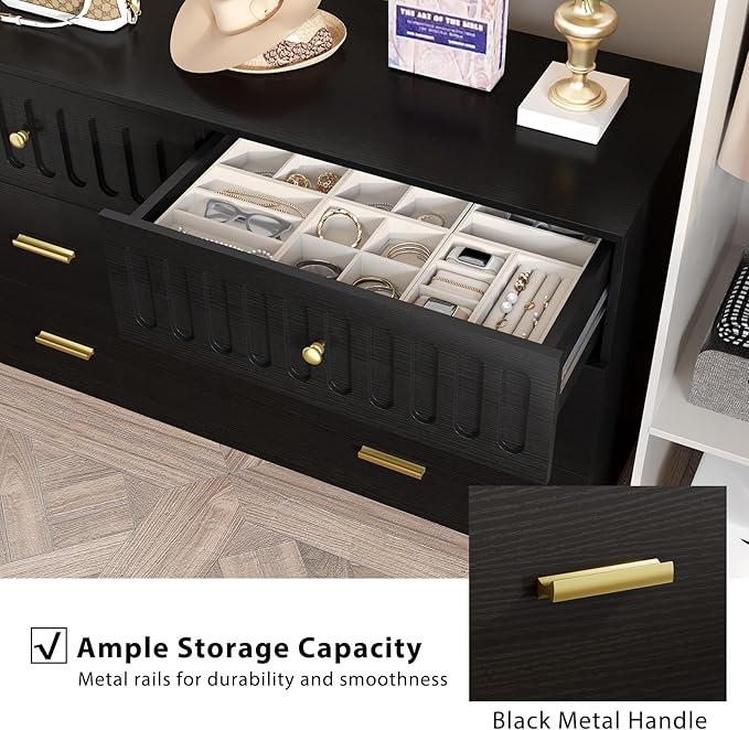 IBF Fluted Dresser with 6 Drawers for Bedroom, Large Wooden Chest of Drawers with Anti-Tipping Design for Men,Women, 54" Wide Modern Cloth Storage Dressers for Nursery,Closet,Living Room, Black Oak