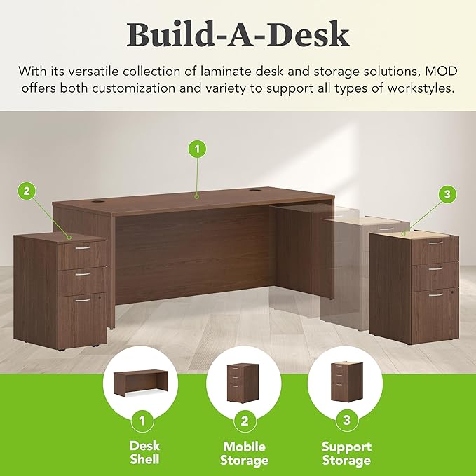 HON MOD Executive Desk 72-Inch Large Computer Desk Shell, Thick Wooden Laminate, Modern Table with Cord Management, 72" W x 30" D x 29" H, Walnut